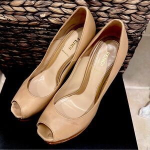 FENDI
Beige Leather Fendista Peep Toe Platform Pumps